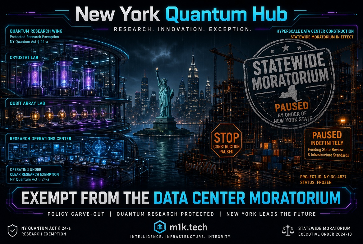 Infographic titled New York Quantum Hub showing a quantum research facility with cryostat and qubit array labs exempt under NY Quantum Act § 24-a, beside a stalled hyperscale data center construction site under a statewide moratorium, illustrating that quantum research is protected while data center building is paused indefinitely pending state review