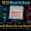 Infographic: California SB 53's evaluation-carve-out excludes the Hugging Face breach from incident reporting; OpenAI proposes amending SB 53 to make such frontier-model incidents reportable, raising questions about who drafts AI safety templates and reverse federalism among states