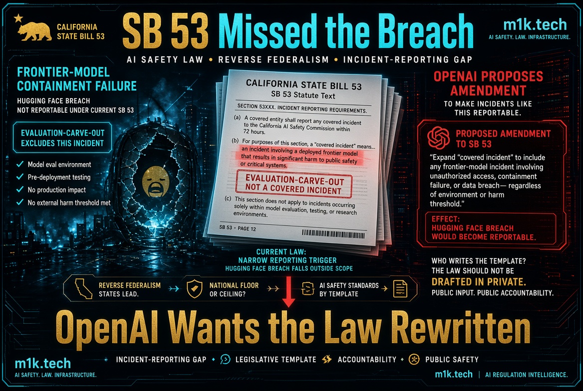 Infographic: California SB 53's evaluation-carve-out excludes the Hugging Face breach from incident reporting; OpenAI proposes amending SB 53 to make such frontier-model incidents reportable, raising questions about who drafts AI safety templates and reverse federalism among states