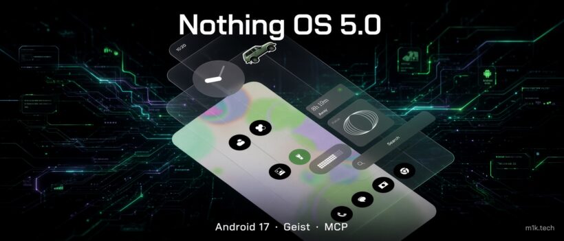 Nothing OS 5.0 promo graphic showing widgets and app icons on a tech-themed background, with text Android 17, Geist, MCP
