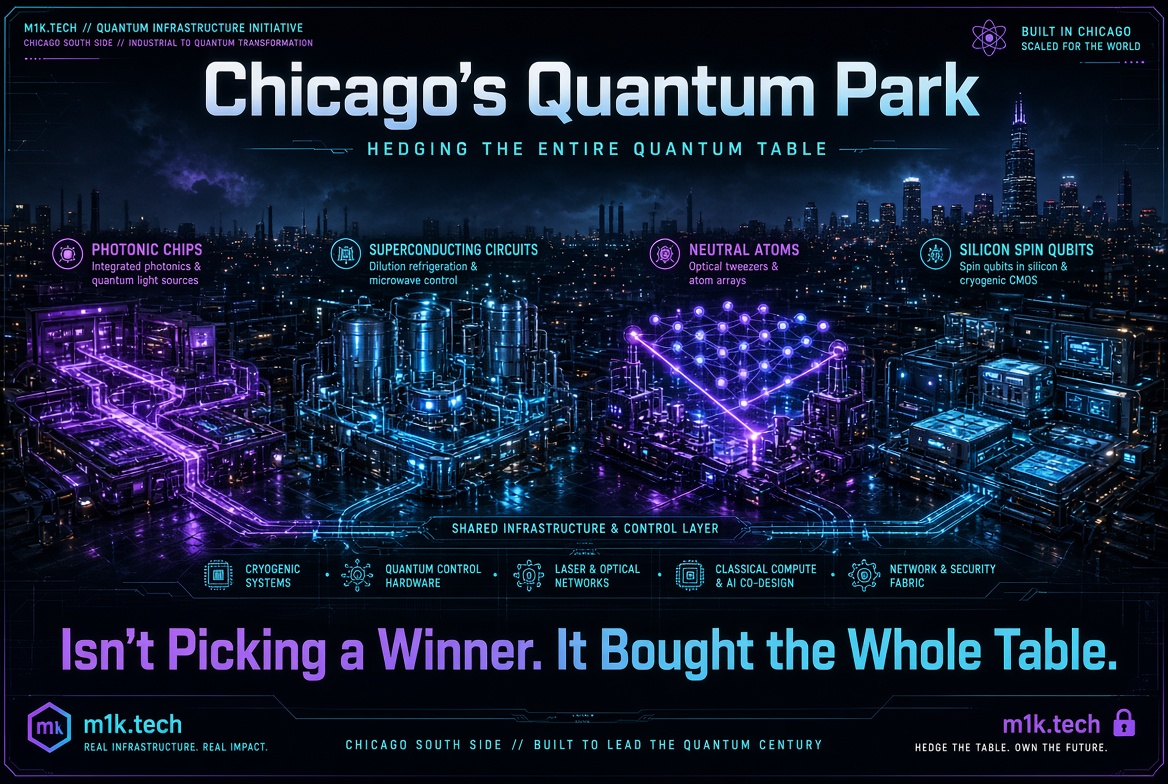 Chicago's Quantum Park infographic by m1k.tech showing four quantum computing approaches—photonic chips, superconducting circuits, neutral atoms, and silicon spin qubits—on shared infrastructure