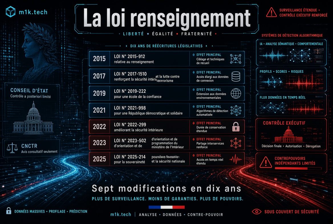 Infographic timeline of France's surveillance law amendments 2015-2025 (seven laws), showing expanding data collection, AI detection systems, and executive control, with limited independent oversight from Conseil d'Etat and CNCTR; tagline: more surveillance, fewer safeguards, more power