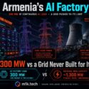 Infographic: Armenia's AI Factory draws 300 MW continuous load, straining a national grid peaking near 1,300 MW with aging, constrained infrastructure