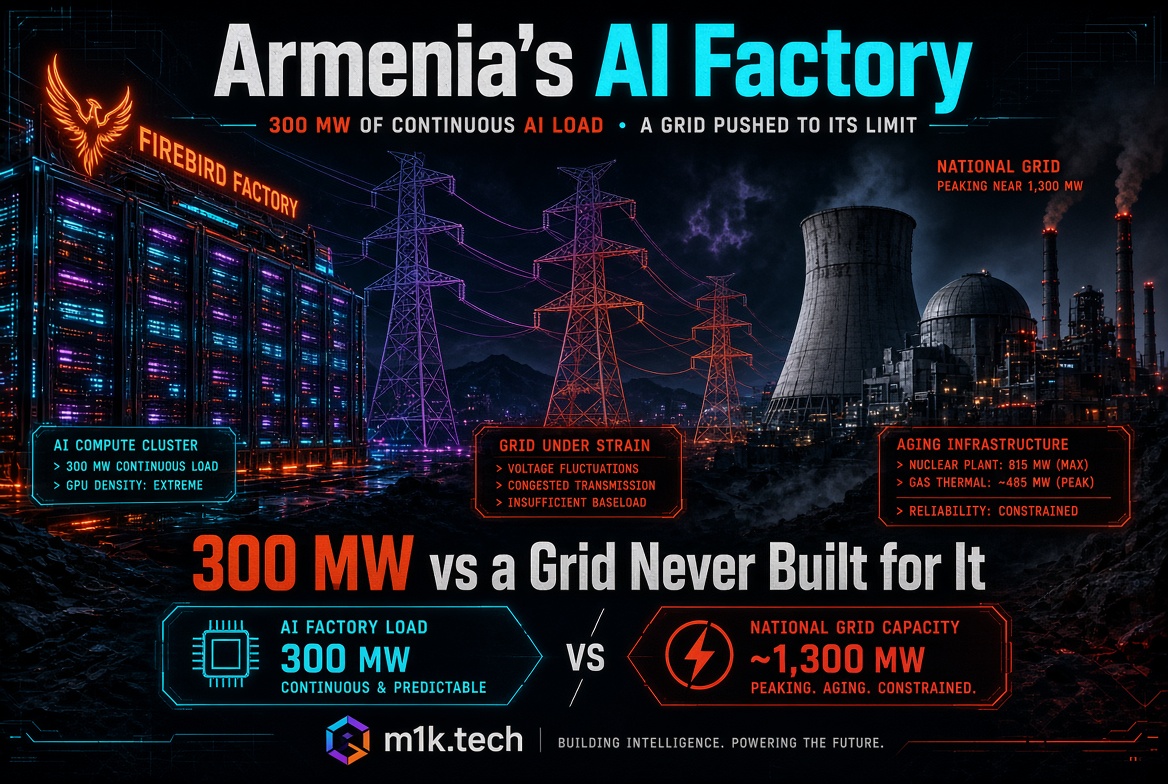 Infographic: Armenia's AI Factory draws 300 MW continuous load, straining a national grid peaking near 1,300 MW with aging, constrained infrastructure