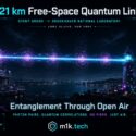 Infographic: 21 km free-space quantum link between Stony Brook and Brookhaven National Laboratory, Long Island, NY, showing a glowing beam connecting two towers over water at night, with data readouts for link status (1550 nm, entangled pair, active), atmospheric conditions (moderate turbulence, 32% cloud cover, stable quantum channel), labeled as "Quantum Watchtower" and "Quantum Lighthouse" nodes. Tagline: "Entanglement Through Open Air – Photon pairs. Quantum correlations. No fiber. Just air." Branded m1k.tech