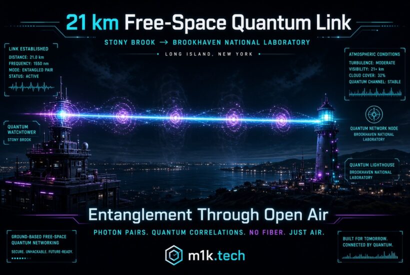 Infographic: 21 km free-space quantum link between Stony Brook and Brookhaven National Laboratory, Long Island, NY, showing a glowing beam connecting two towers over water at night, with data readouts for link status (1550 nm, entangled pair, active), atmospheric conditions (moderate turbulence, 32% cloud cover, stable quantum channel), labeled as "Quantum Watchtower" and "Quantum Lighthouse" nodes. Tagline: "Entanglement Through Open Air – Photon pairs. Quantum correlations. No fiber. Just air." Branded m1k.tech