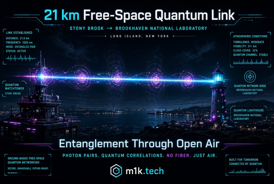 Infographic: 21 km free-space quantum link between Stony Brook and Brookhaven National Laboratory, Long Island, NY, showing a glowing beam connecting two towers over water at night, with data readouts for link status (1550 nm, entangled pair, active), atmospheric conditions (moderate turbulence, 32% cloud cover, stable quantum channel), labeled as "Quantum Watchtower" and "Quantum Lighthouse" nodes. Tagline: "Entanglement Through Open Air – Photon pairs. Quantum correlations. No fiber. Just air." Branded m1k.tech