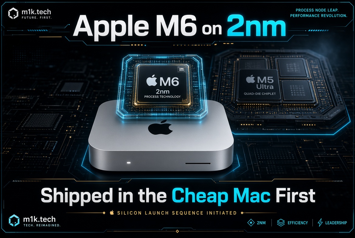 Graphic titled "Apple M6 on 2nm: Shipped in the Cheap Mac First," showing an M6 2nm chip above a Mac mini, with an M5 Ultra quad-die chiplet in the background