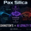 Infographic "Pax Silica" shows a US-led AI supply-chain bloc (35-nation coalition) and a China-led AI initiative competing for global alignment, with Kazakhstan positioned at the crossroads facing dual-membership pressure. Titled "Washington's AI Loyalty Test," it frames neutrality as untenable amid strategic alignment