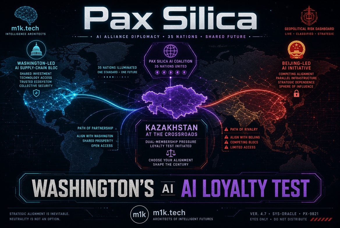 Infographic "Pax Silica" shows a US-led AI supply-chain bloc (35-nation coalition) and a China-led AI initiative competing for global alignment, with Kazakhstan positioned at the crossroads facing dual-membership pressure. Titled "Washington's AI Loyalty Test," it frames neutrality as untenable amid strategic alignment