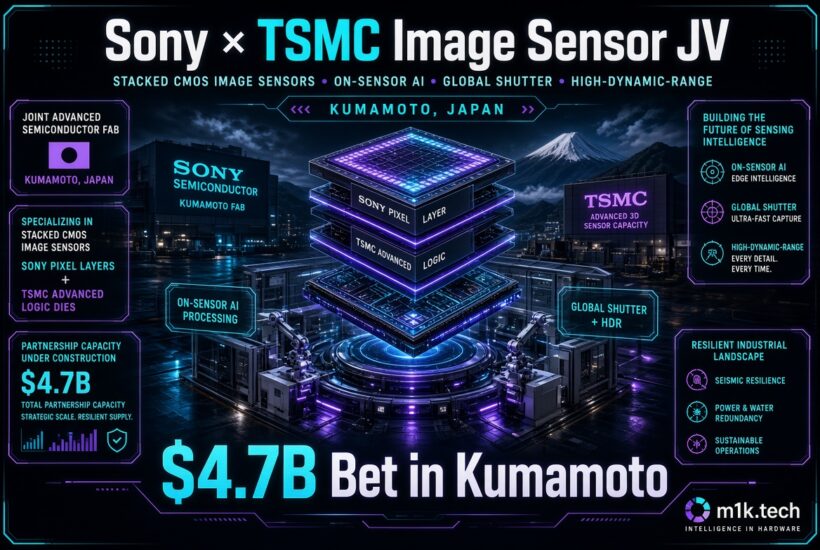 Infographic: Sony × TSMC $4.7B joint venture in Kumamoto, Japan for stacked CMOS image sensors with on-sensor AI, global shutter, and HDR capabilities