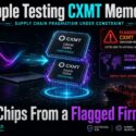 Infographic: Apple testing CXMT (Changxin Memory Technologies) DRAM DDR4 and DDR5 chips despite CXMT being flagged for national security concerns, driven by global memory shortage pressure from limited Samsung, SK Hynix, and Micron supply