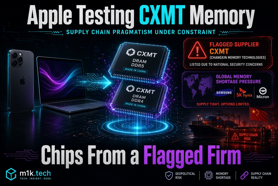 Infographic: Apple testing CXMT (Changxin Memory Technologies) DRAM DDR4 and DDR5 chips despite CXMT being flagged for national security concerns, driven by global memory shortage pressure from limited Samsung, SK Hynix, and Micron supply