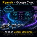 Infographic on Ryanair x Google Cloud: Gemini Enterprise AI powers flight scheduling, customer service (1.2M+ daily conversations, 92% resolution, under 60s response), and real-time operations (99.7% on-time, 18% fuel savings, 500+ daily flights), contrasted with a sovereign European cloud route offering limited scale, higher cost, and slower innovation. Tagline: All In on Gemini Enterprise – Scale, Speed, Intelligence, Winning Airline Technology