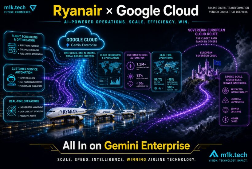 Infographic on Ryanair x Google Cloud: Gemini Enterprise AI powers flight scheduling, customer service (1.2M+ daily conversations, 92% resolution, under 60s response), and real-time operations (99.7% on-time, 18% fuel savings, 500+ daily flights), contrasted with a sovereign European cloud route offering limited scale, higher cost, and slower innovation. Tagline: All In on Gemini Enterprise – Scale, Speed, Intelligence, Winning Airline Technology