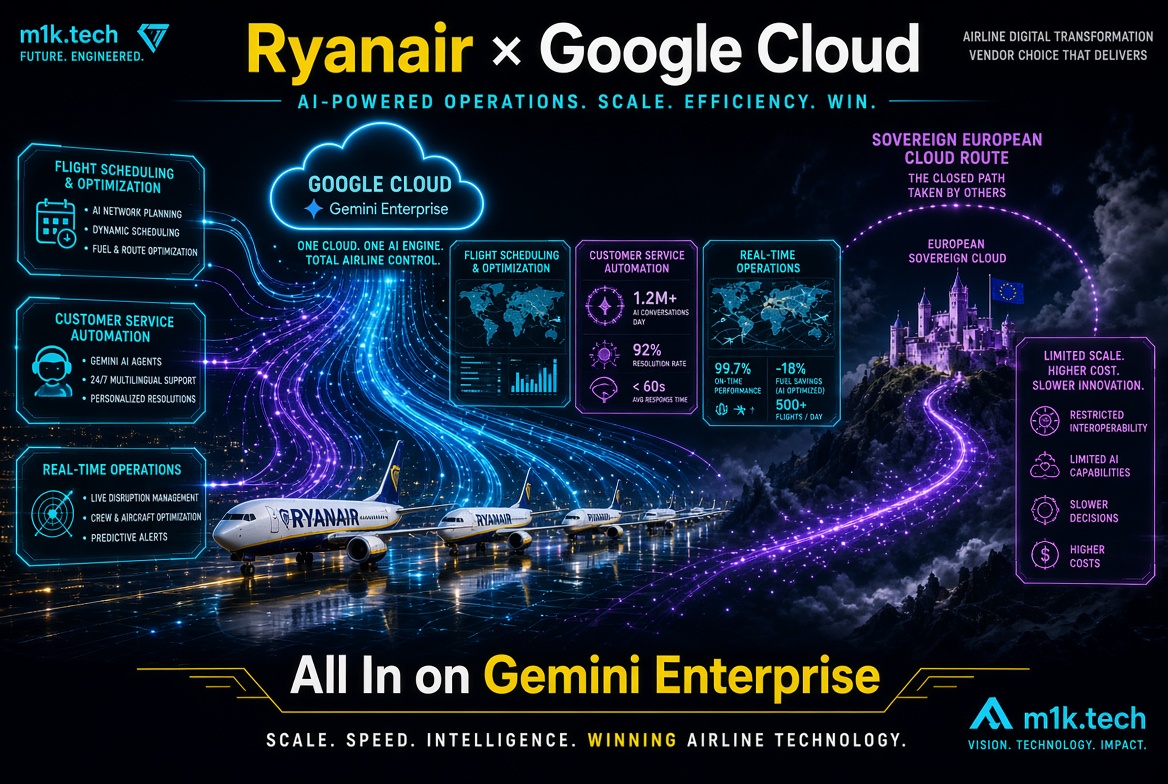 Infographic on Ryanair x Google Cloud: Gemini Enterprise AI powers flight scheduling, customer service (1.2M+ daily conversations, 92% resolution, under 60s response), and real-time operations (99.7% on-time, 18% fuel savings, 500+ daily flights), contrasted with a sovereign European cloud route offering limited scale, higher cost, and slower innovation. Tagline: All In on Gemini Enterprise – Scale, Speed, Intelligence, Winning Airline Technology