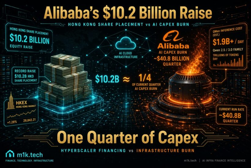 Infographic: Alibaba's $10.2B Hong Kong share placement equals about 1/4 of its ~$40.8B quarterly AI capex burn; Qwen inference costs estimated $1.9B+/day