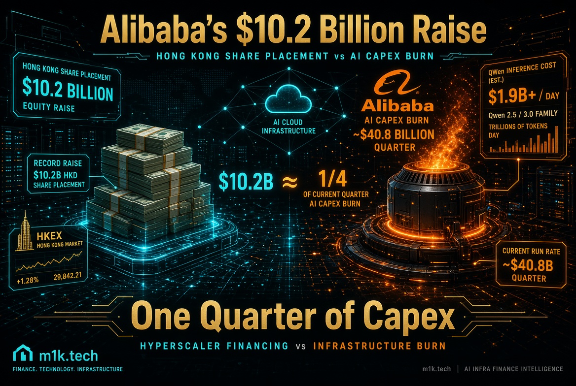 Infographic: Alibaba's $10.2B Hong Kong share placement equals about 1/4 of its ~$40.8B quarterly AI capex burn; Qwen inference costs estimated $1.9B+/day