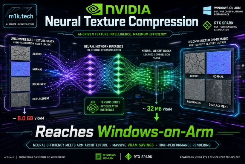 NVIDIA Neural Texture Compression diagram showing AI compressing 4K/8K textures from ~8.0 GB VRAM to ~32 MB VRAM via neural network inference and Tensor Cores, enabling high-quality texture output on Windows-on-Arm with RTX Spark