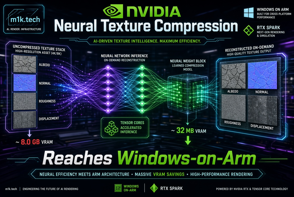 NVIDIA Neural Texture Compression diagram showing AI compressing 4K/8K textures from ~8.0 GB VRAM to ~32 MB VRAM via neural network inference and Tensor Cores, enabling high-quality texture output on Windows-on-Arm with RTX Spark