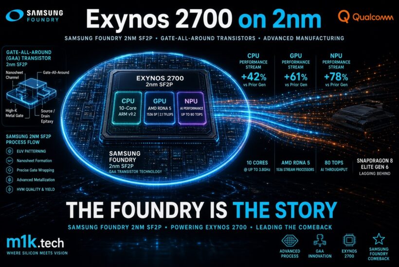 Infographic: Exynos 2700 built on Samsung Foundry 2nm SF2P with GAA transistors, showing 10-core ARM v9.2 CPU (+42%), AMD RDNA 5 GPU with 1536 stream processors (+61%), and NPU up to 80 TOPS (+78%) versus prior generation, outperforming Snapdragon 8 Elite Gen 6