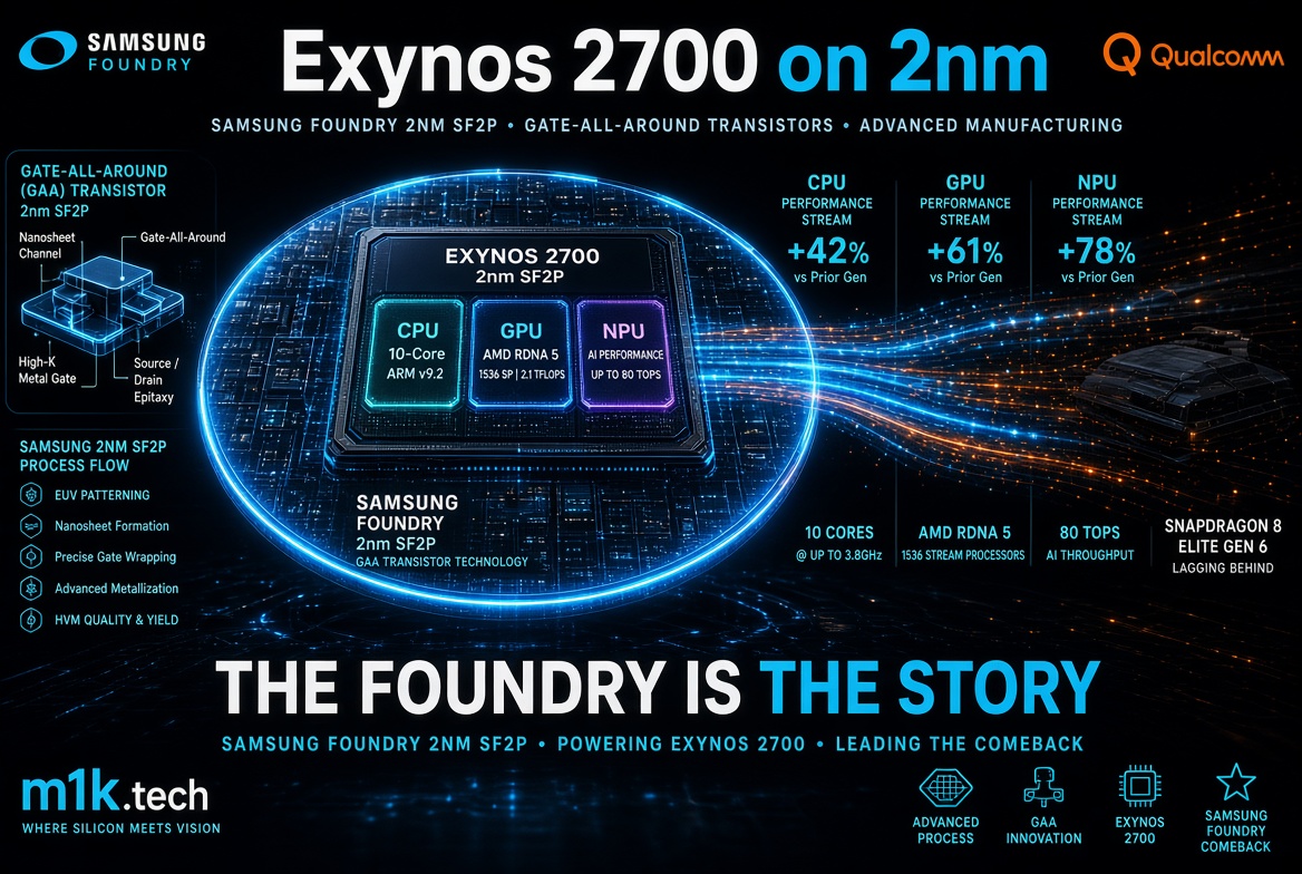 Infographic: Exynos 2700 built on Samsung Foundry 2nm SF2P with GAA transistors, showing 10-core ARM v9.2 CPU (+42%), AMD RDNA 5 GPU with 1536 stream processors (+61%), and NPU up to 80 TOPS (+78%) versus prior generation, outperforming Snapdragon 8 Elite Gen 6