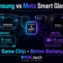 Infographic comparing Samsung Intelligent Eyewear (9-hour battery) vs Meta Ray-Ban Gen 2 (8-hour battery), both powered by Snapdragon AR1 Gen 1 chip
