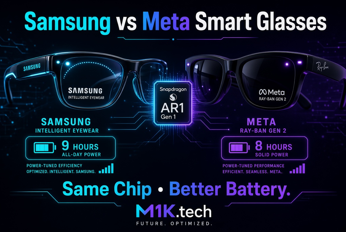 Infographic comparing Samsung Intelligent Eyewear (9-hour battery) vs Meta Ray-Ban Gen 2 (8-hour battery), both powered by Snapdragon AR1 Gen 1 chip