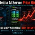 Infographic: Nvidia AI server price hike from HBM memory shortage. Server ASP +35%, HBM price +60%, system cost +45-70%, device BOM +55% QoQ, driven by Samsung/SK Hynix supply constraints and AI demand