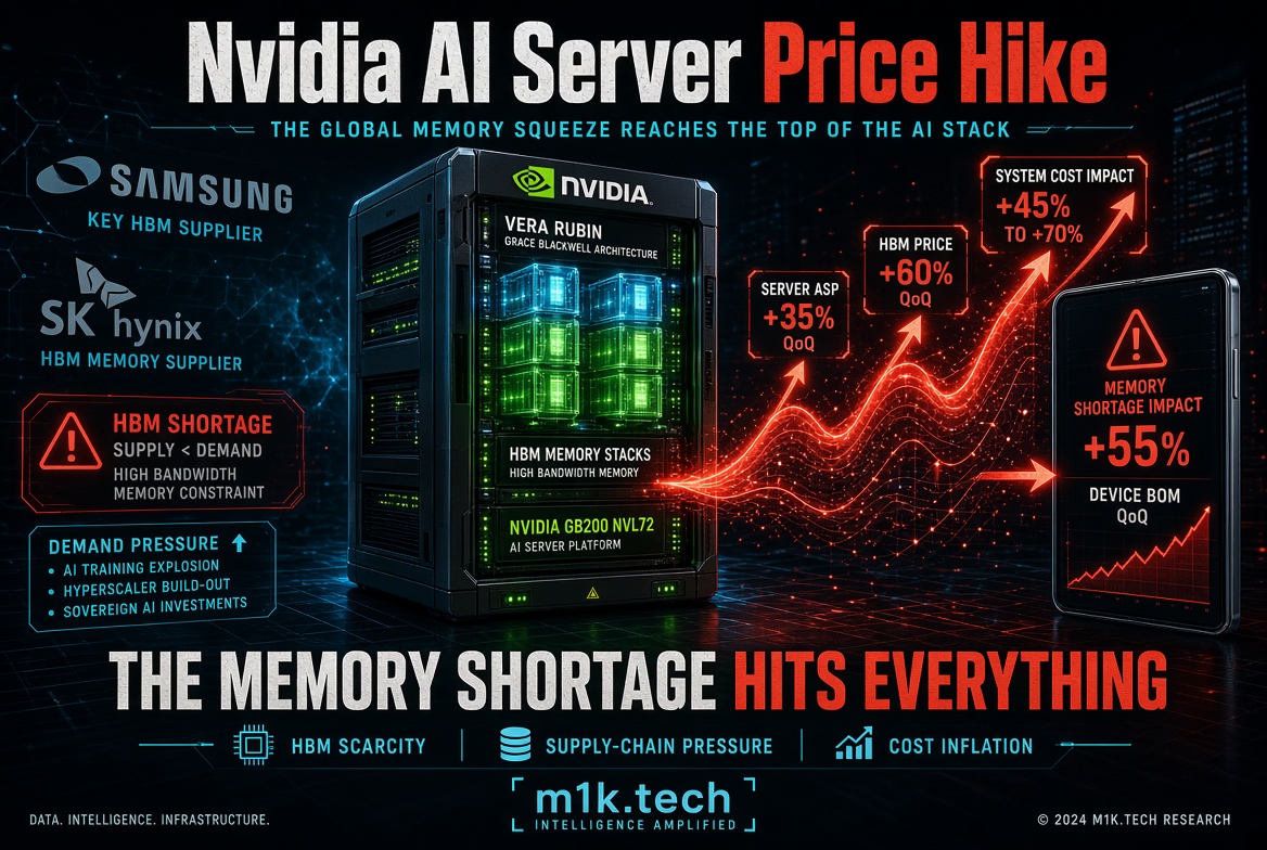 Infographic: Nvidia AI server price hike from HBM memory shortage. Server ASP +35%, HBM price +60%, system cost +45-70%, device BOM +55% QoQ, driven by Samsung/SK Hynix supply constraints and AI demand