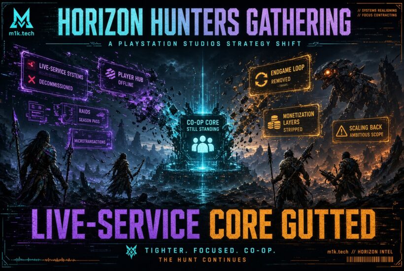 Infographic: Horizon Hunters Gathering shifts from live-service, with systems decommissioned, player hub offline, raids and microtransactions removed, endgame loop and monetization stripped, scope scaled back—co-op core remains. Text reads "Live-Service Core Gutted: Tighter. Focused. Co-op. The hunt continues