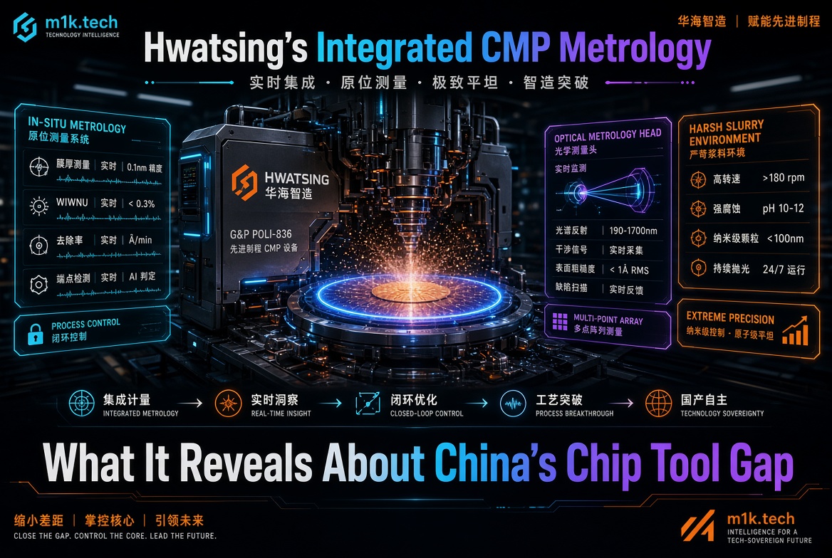Infographic on Hwatsing's Integrated CMP Metrology system, highlighting in-situ metrology, optical measurement, and what it reveals about China's chip tool gap