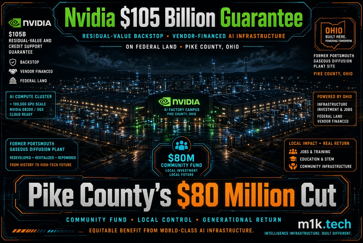 Infographic: Nvidia's $105B guarantee backs vendor-financed AI infrastructure on federal land at former Portsmouth Gaseous Diffusion Plant, Pike County, Ohio, including a 100,000+ GPU AI factory campus, $80M community fund, and local jobs, education, and infrastructure benefits
