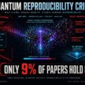 Infographic on quantum reproducibility crisis: 91% of independent replication attempts fail, citing missing documentation, unreadable code, hardware variability, and environmental sensitivity as causes; only 9% of quantum computing papers yield verified, reproducible results