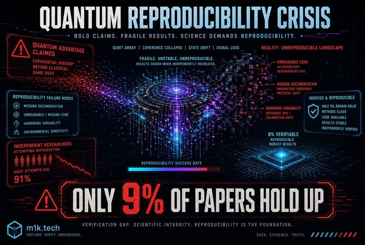 Infographic on quantum reproducibility crisis: 91% of independent replication attempts fail, citing missing documentation, unreadable code, hardware variability, and environmental sensitivity as causes; only 9% of quantum computing papers yield verified, reproducible results