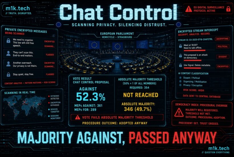 Infographic on EU Chat Control vote: 52.3% against (361 MEPs) failed to reach the 354-vote absolute majority threshold, yet outcome shown as adopted anyway. Panels depict scanned encrypted messages flagged as dissent, real-time surveillance map, and AI content classification with high risk score sent to a central database. Headline reads "Majority Against, Passed Anyway