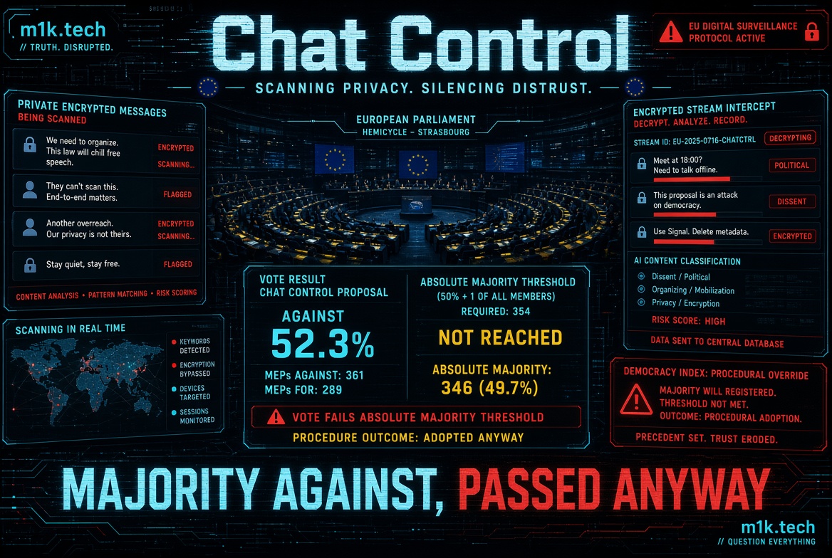 Infographic on EU Chat Control vote: 52.3% against (361 MEPs) failed to reach the 354-vote absolute majority threshold, yet outcome shown as adopted anyway. Panels depict scanned encrypted messages flagged as dissent, real-time surveillance map, and AI content classification with high risk score sent to a central database. Headline reads "Majority Against, Passed Anyway
