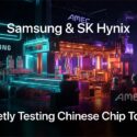 Samsung & SK Hynix quietly testing Chinese chip tools from AMEC, shown with semiconductor manufacturing equipment in a neon-lit facility