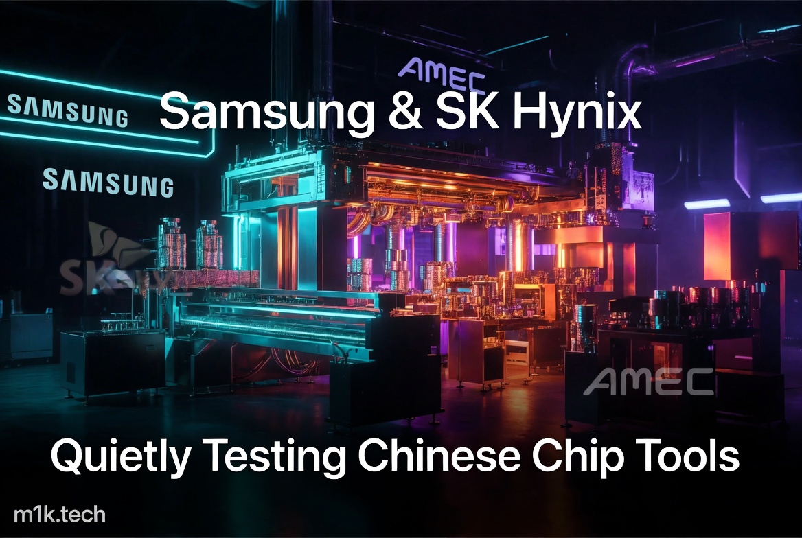 Samsung & SK Hynix quietly testing Chinese chip tools from AMEC, shown with semiconductor manufacturing equipment in a neon-lit facility