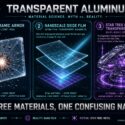 Infographic comparing three types of transparent aluminum: ALON ceramic armor (real), nanoscale oxide film (real), and Star Trek-inspired transparent metal (fictional), under the tagline "Three Materials, One Confusing Name