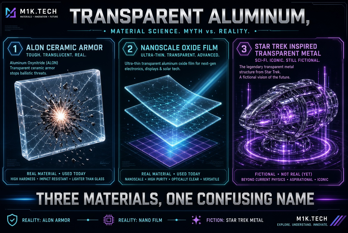 Infographic comparing three types of transparent aluminum: ALON ceramic armor (real), nanoscale oxide film (real), and Star Trek-inspired transparent metal (fictional), under the tagline "Three Materials, One Confusing Name