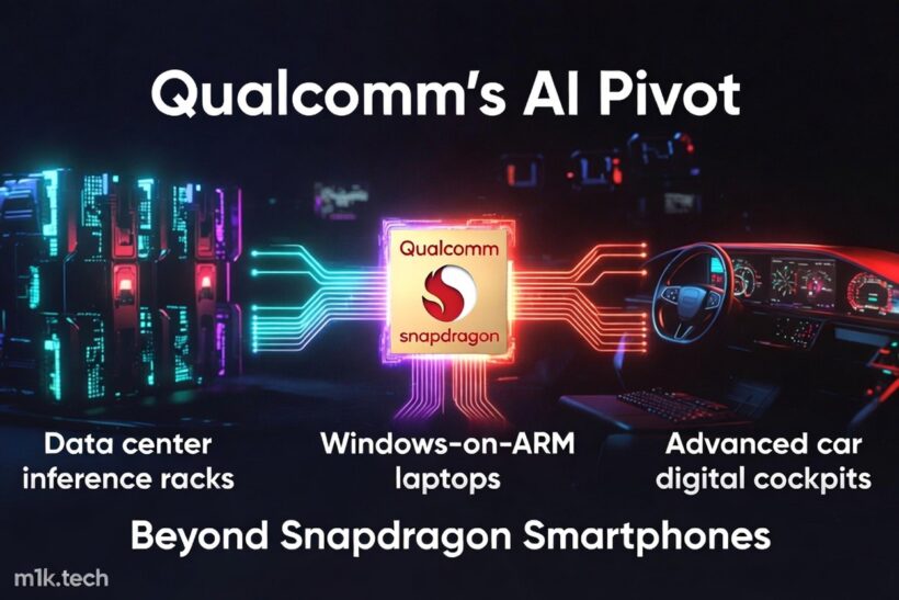Qualcomm's AI Pivot: Snapdragon chip powering data center inference racks, Windows-on-ARM laptops, and advanced car digital cockpits — beyond smartphones