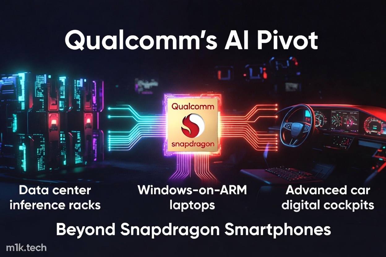 Qualcomm's AI Pivot: Snapdragon chip powering data center inference racks, Windows-on-ARM laptops, and advanced car digital cockpits — beyond smartphones