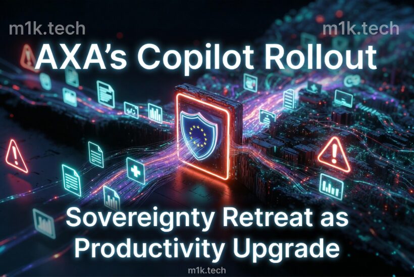 AXA's Copilot Rollout: Sovereignty Retreat as Productivity Upgrade — m1k.tech article illustration with EU shield and digital data icons