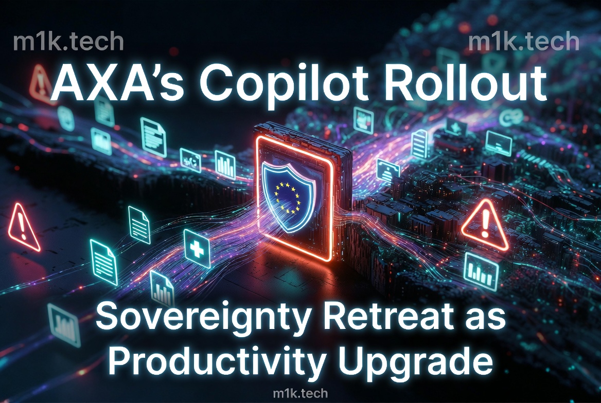 AXA's Copilot Rollout: Sovereignty Retreat as Productivity Upgrade — m1k.tech article illustration with EU shield and digital data icons
