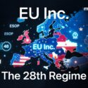 EU Inc. – The 28th Regime: a stylized map of Europe with business icons, ESOP labels, and EU and US flag overlays, by m1k.tech