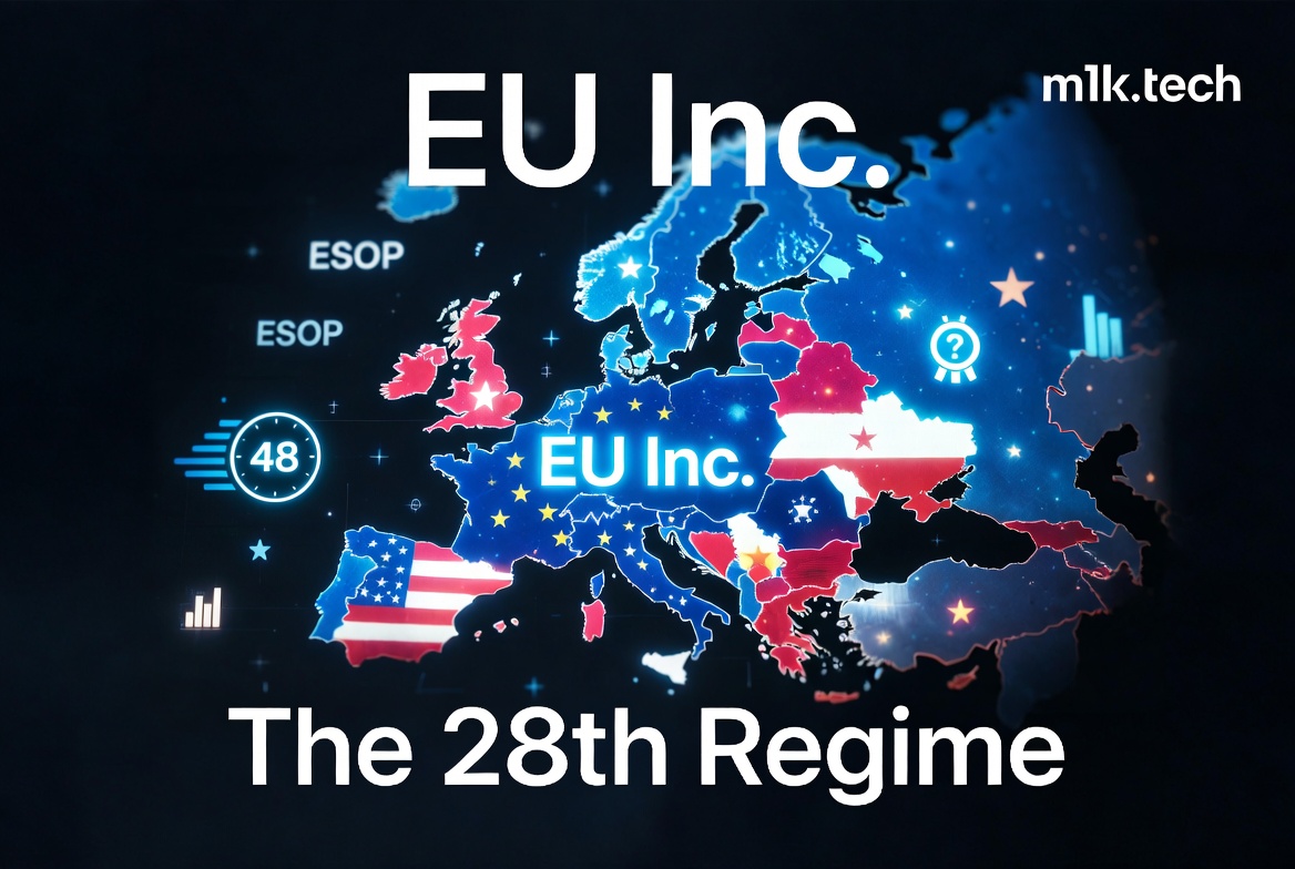 EU Inc. – The 28th Regime: a stylized map of Europe with business icons, ESOP labels, and EU and US flag overlays, by m1k.tech
