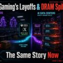 Infographic from m1k.tech linking gaming studio layoffs of 15,000+ jobs in 2024 to a 142% year-over-year DRAM price spike driven by AI data center memory demand, with console prices under pressure