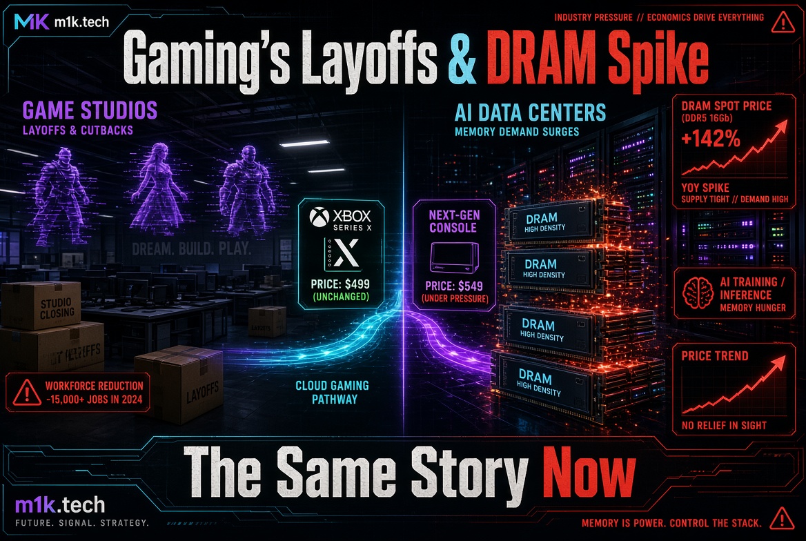Infographic from m1k.tech linking gaming studio layoffs of 15,000+ jobs in 2024 to a 142% year-over-year DRAM price spike driven by AI data center memory demand, with console prices under pressure