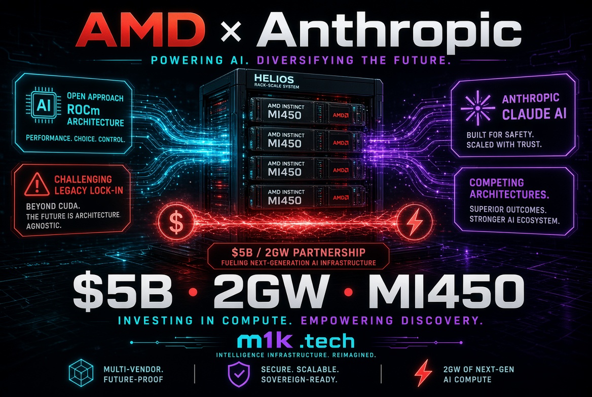 AMD x Anthropic partnership infographic: $5B, 2GW investment in MI450-powered Helios rack-scale AI infrastructure, featuring ROCm architecture and Claude AI, by m1k.tech